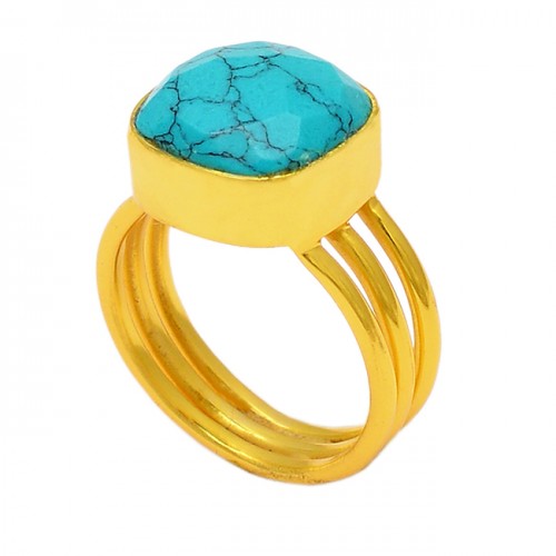 Square Shape Turquoise Gemstone 925 Sterling Silver Gold Plated Designer Ring