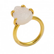 Pear Shape White Druzy Gemstone 925 Sterling Silver Gold Plated Ring Jewelry