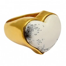 Cabochon Heart Shape Dendrite Opal Gemstone 925 Silver Gold Plated Ring Jewelry