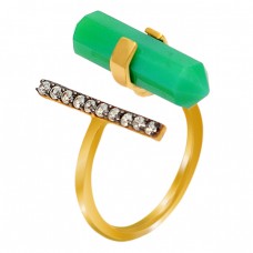 Pave CZ Pencil Shape Prehnite Chalcedony Gemstone Handmade 925 Sterling Silver Gold Plated Ring 