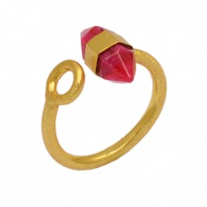 Pencil Shape Ruby Gemstone 925 Sterling Silver Gold Plated Handmade Ring