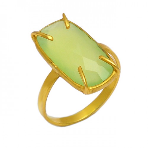 Rectangle Shape Prehnite Chalcedony Gemstone 925 Sterling Silver Gold Plated Ring