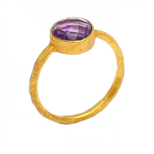 Briolette Round Shape Amethyst Gemstone 925 Sterling Silver Gold Plated Ring