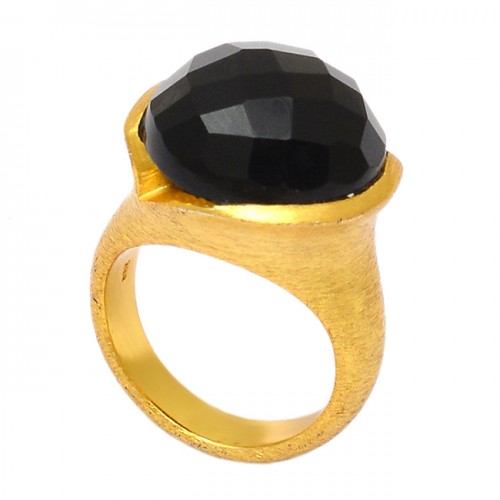 Faceted Round Shape Black Onyx Gemstone 925 Sterling Silver Gold Plated Ring