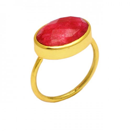 Faceted Oval Shape Ruby Gemstone 925 Sterling Silver Gold Plated Handmade Ring