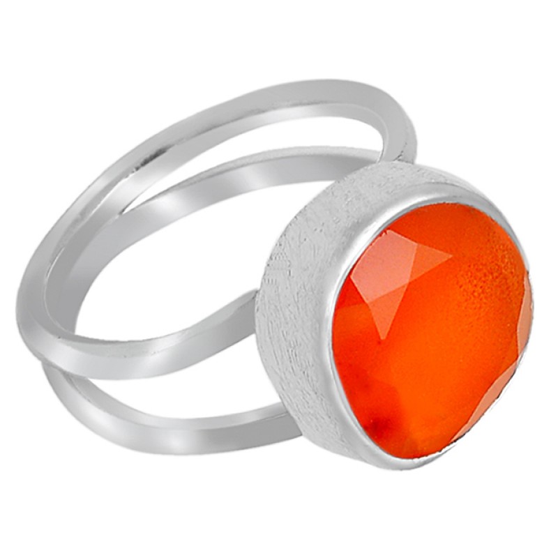 Round Shape Orange Carnelian Gemstone Handcrafted 925 Sterling Silver Ring Jewellery 