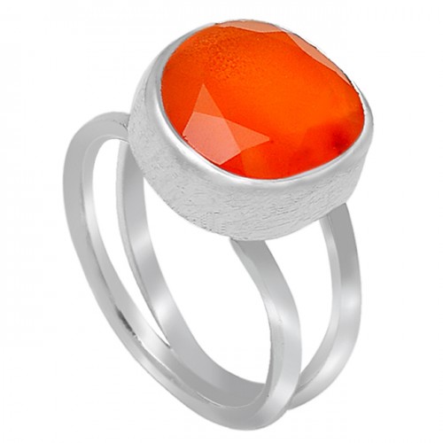 Round Shape Orange Carnelian Gemstone Handcrafted 925 Sterling Silver Ring Jewellery 