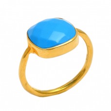 Faceted Sqaure Shape Chalcedony Gemstone 925 Sterling Silver Gold Plated Ring