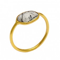Faceted Oval Shape Golden Rutile Quartz Gemstone 925 Silver Gold Plated Ring 