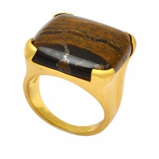 Cabochon Square Shape Tiger Eye Gemstone 925 Sterling Silver Gold Plated Ring