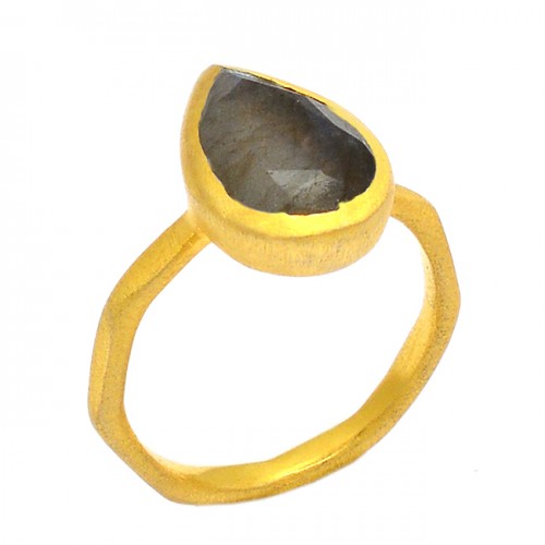 Faceted Pear Shape Labradorite Gemstone 925 Sterling Silver Gold Plated Ring