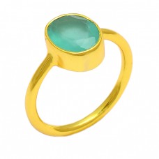 Faceted Oval Shape Aqua Chalcedony Gemstone 925 Sterling Silver Gold Plated Ring