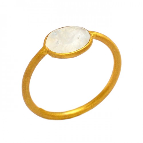 Faceted Oval Shape Rainbow Moonstone 925 Sterling Silver Gold Plated Ring 