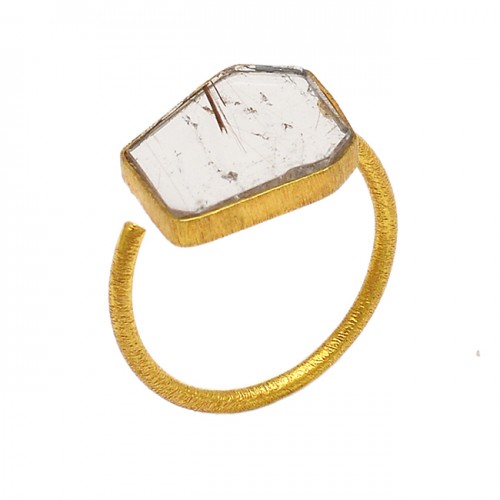 Fancy Shape Golden Rutile Quartz Gemstone 925 Sterling Silver Gold Plated Ring
