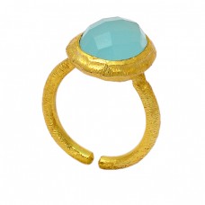 Oval Shape Aqua Chalcedony Gemstone 925 Sterling Silver Gold Plated Ring Jewelry