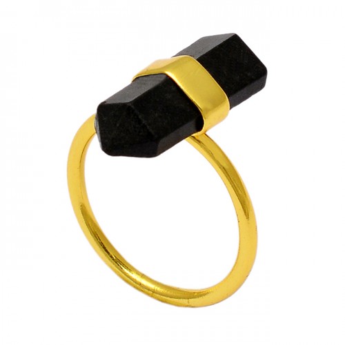 Pencil Shape Black Onyx Gemstone 925 Sterling Silver Gold Plated Ring Jewelry