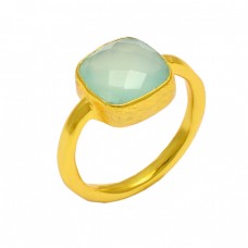 Cushion Shape Aqua Chalcedony Gemstone 925 Sterling Silver Gold Plated Ring