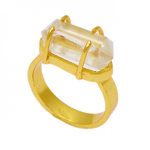 925 Sterling Silver Crystal Quartz Pencil Shape Gemstone Gold Plated Ring Jewelry