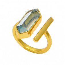 Pencil Shape Blue Topaz Gemstone 925 Sterling Silver Gold Plated Ring Jewelry