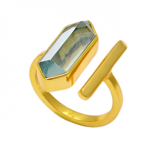 Pencil Shape Blue Topaz Gemstone 925 Sterling Silver Gold Plated Ring Jewelry