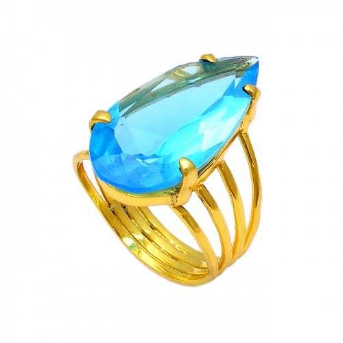 Prong Setting Pear Shape Blue Topaz Gemstone 925 Sterling Silver Gold Plated Ring