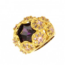 Amethyst Pink Quartz Gemstone 925 Sterling Silver Gold Plated Cocktail Ring