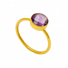 925 Sterling Silver Amethyst Round Shape Gemstone Gold Plated Designer Ring