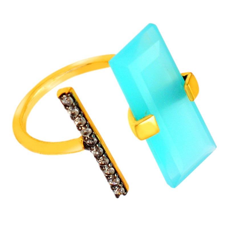 Rectangle Aqua Chalcedony Round Cubic Zirconia Gemstone 925 Sterling Silver Gold Plated Ring 