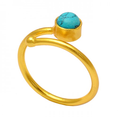 Handmade Designer Round Shape Turquoise Gemstone 925 Silver Gold Plated Ring
