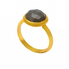 Round Shape Labradorite Gemstone 925 Sterling Silver Gold Plated Ring Jewelry