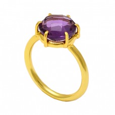 Round Shape Amethyst Gemstone 925 Sterling Silver Gold Plated Designer Ring