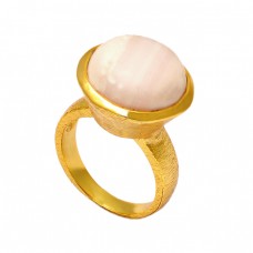 Round Shape Rhodochrosite Gemstone 925 Sterling Silver Gold Plated Ring Jewelry