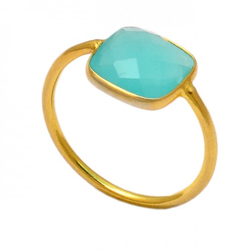 925 Sterling Silver Square Shape Aqua Chalcedony Gemstone Gold Plated Ring