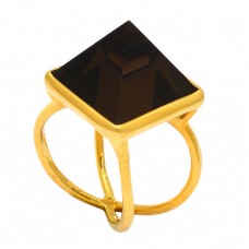 Triangle Shape Smoky Quartz Gemstone 925 Sterling Silver Gold Plated Ring