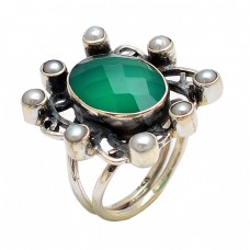 Stylish Oval Round Shape Green Onyx Pearl Gemstone 925 Sterling Silver Rings Jewelry 