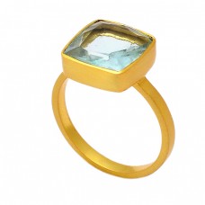 Square Shape Blue Topaz Gemstone 925 Sterling Silver Gold Plated Ring Jewelry