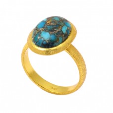 925 Sterling Silver Oval Shape Blue Copper Turquoise Gemstone Gold Plated Ring