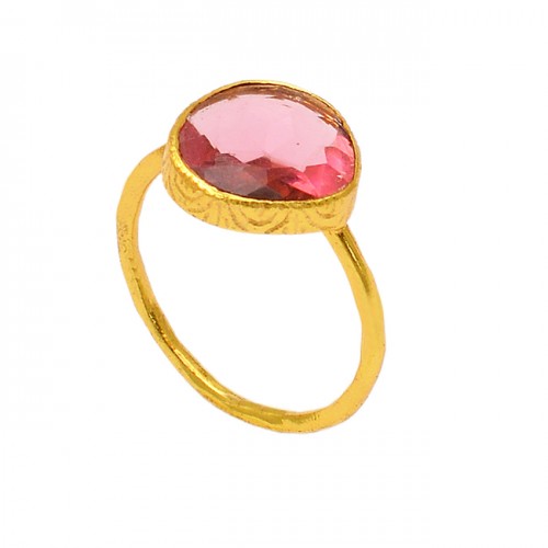Round Shape Pink Quartz Gemstone 925 Sterling Silver Gold Plated Ring Jewelry