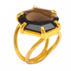 Faceted Hexagon Shape Smoky Quartz Gemstone 925 Silver Gold Plated Ring