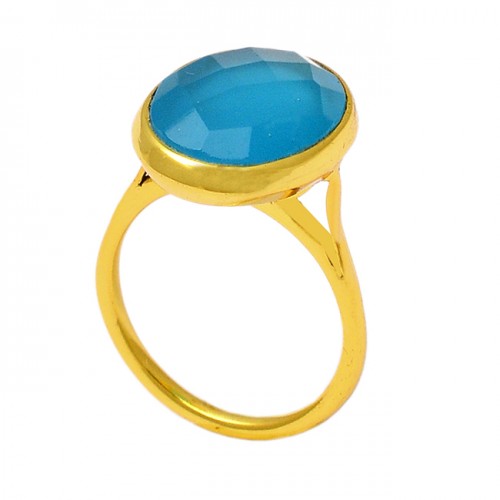 Faceted Oval Shape Aqua Chalcedony Gemstone 925 Silver Gold Plated Ring