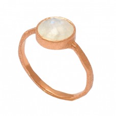 Round Shape Rainbow Moonstone 925 Sterling Silver Rose Gold Plated Ring 