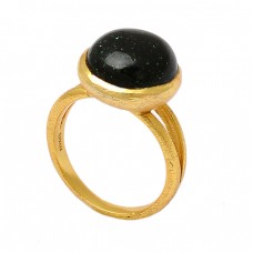 Round Shape Blue Sand Gemstone 925 Sterling Silver Gold Plated Ring