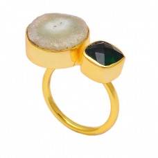 Green Onyx Whire Slice Gemstone 925 Sterling Silver Gold Plated Designer Ring