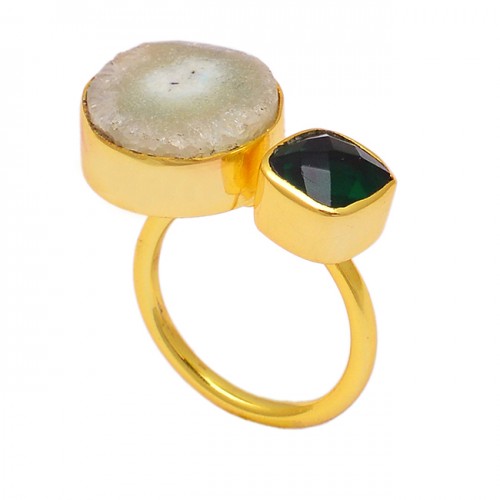 Green Onyx Whire Slice Gemstone 925 Sterling Silver Gold Plated Designer Ring