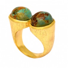 Blue Copper Turquoise Round Shape Gemstone 925 Sterling Silver Gold Plated Ring
