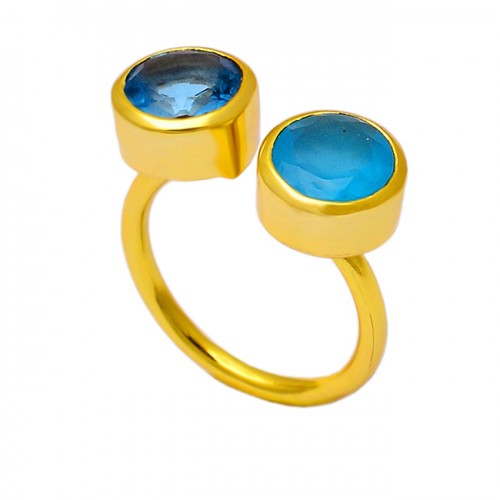 Blue Color Quartz Chalcedony Gemstone 925 Sterling Silver Gold Plated Ring 