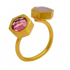 Rose Chalcedony Pink Quartz Gemstone 925 Sterling Silver Gold Plated Ring