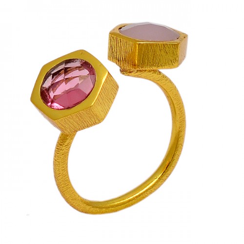 Rose Chalcedony Pink Quartz Gemstone 925 Sterling Silver Gold Plated Ring