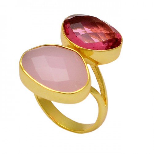 Fancy Shape Chalcedony Pink Quartz Gemstone 925 Silver Gold Plated Ring
