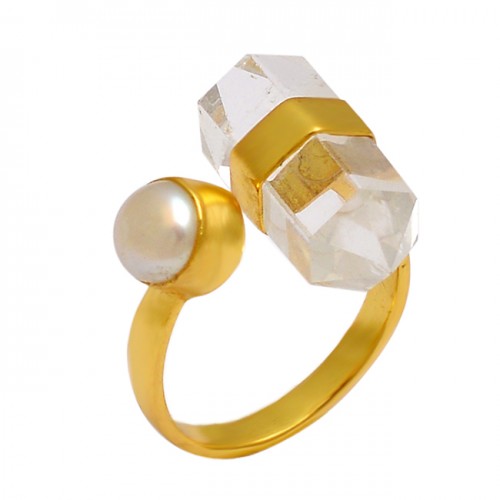 Crystal Pearl Gemstone 925 Sterling Silver Gold Plated Designer Ring Jewelry